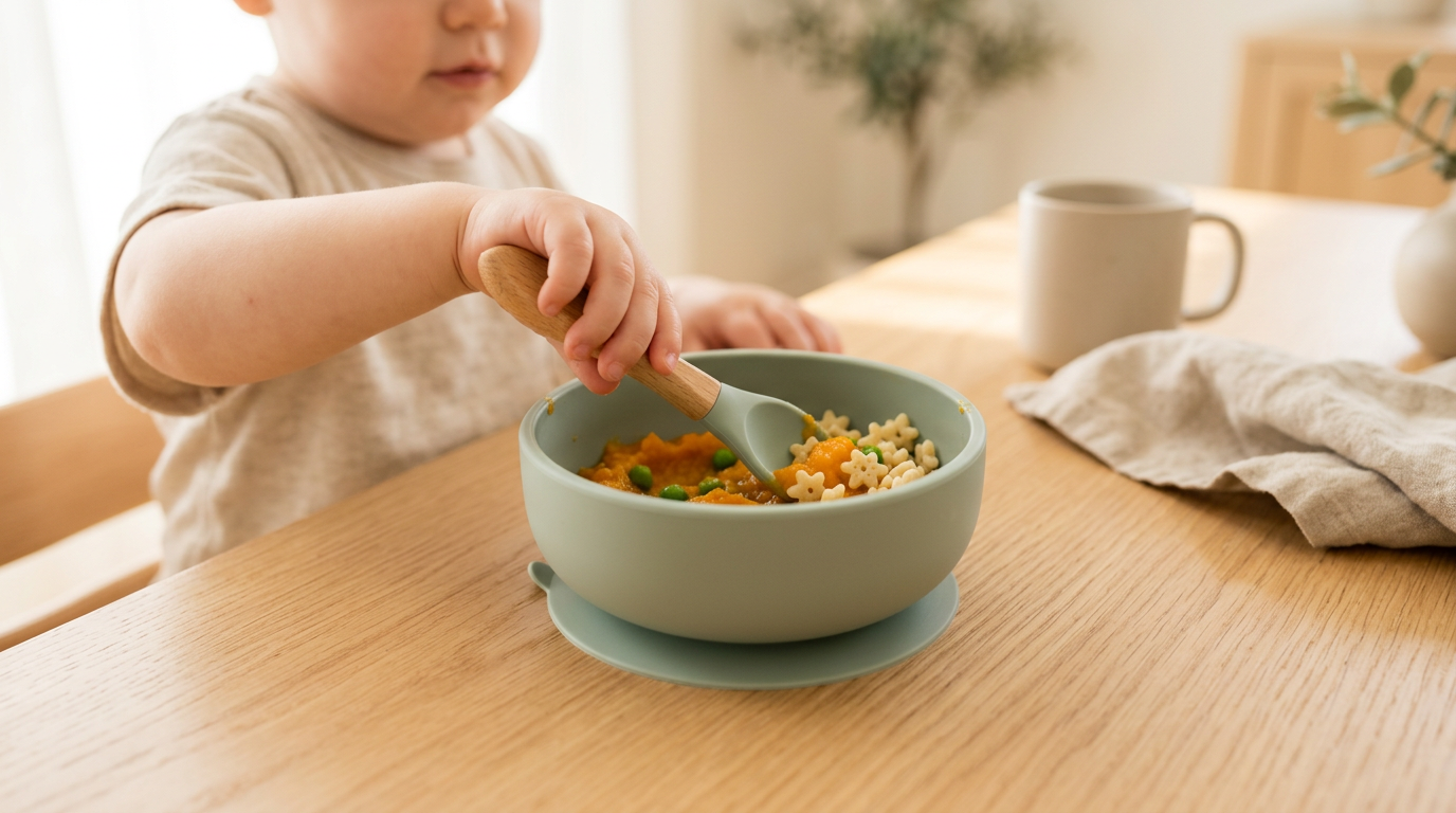 Baby trying to pry a silicone suction bowl off a wooden highchair tray