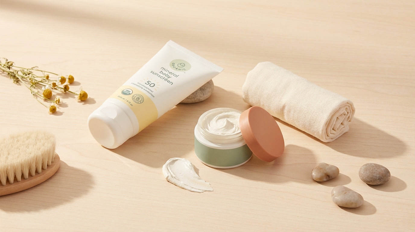 A dad struggling to apply mineral baby sunscreen to a squirming toddler's face