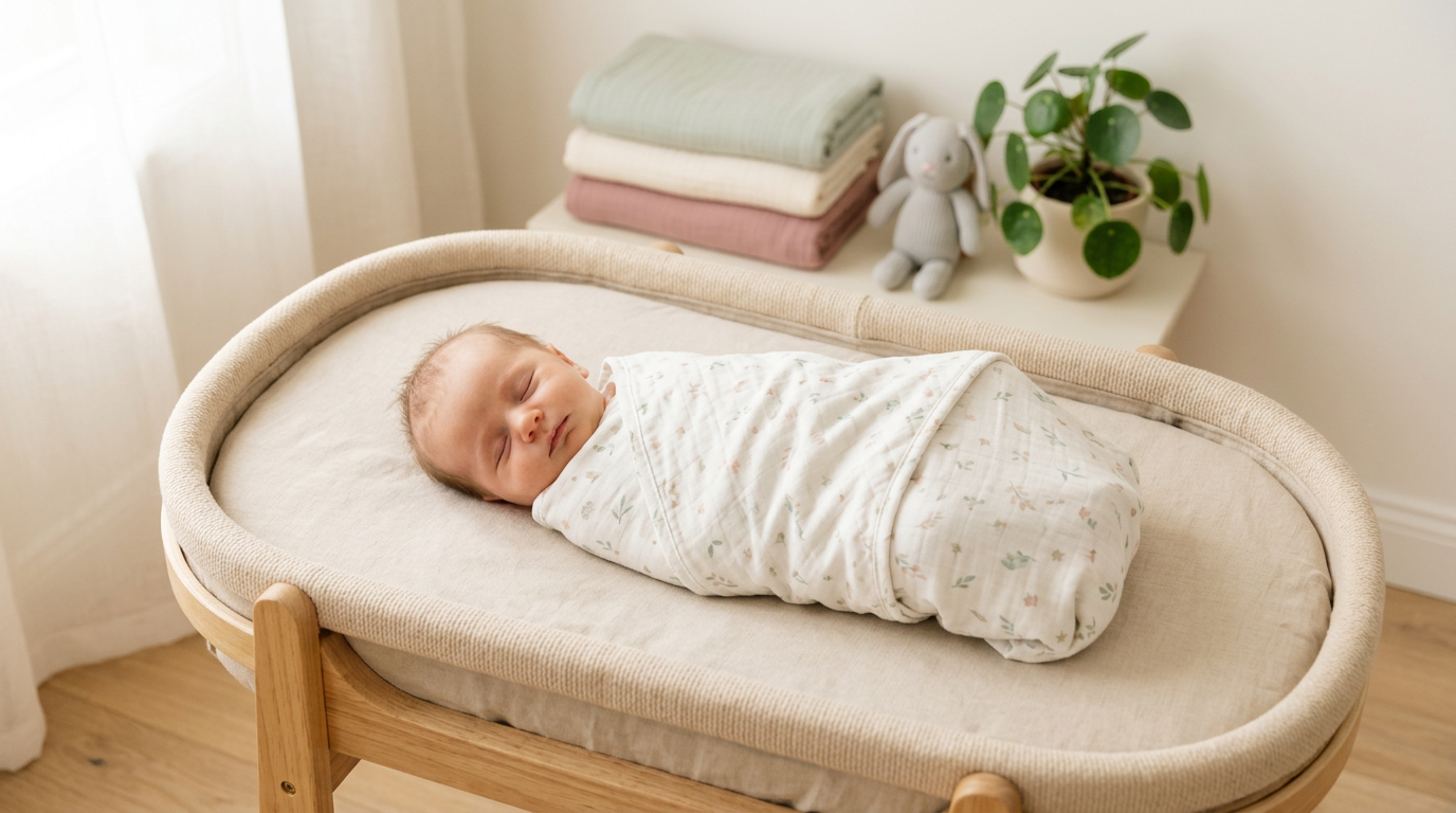 Baby wrapped comfortably in a breathable bamboo universe blanket