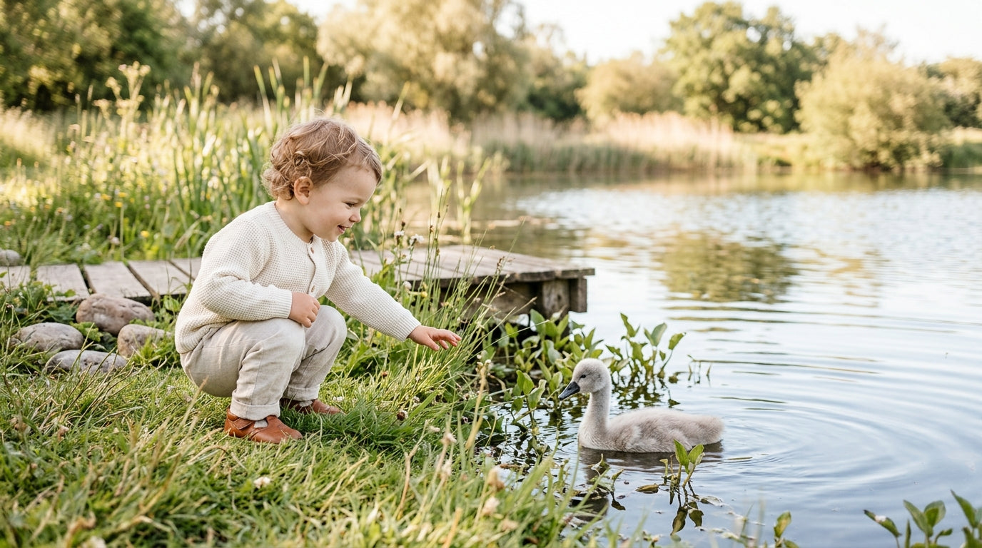 Toddler pointing at a baby swan near a pond from a safe distance