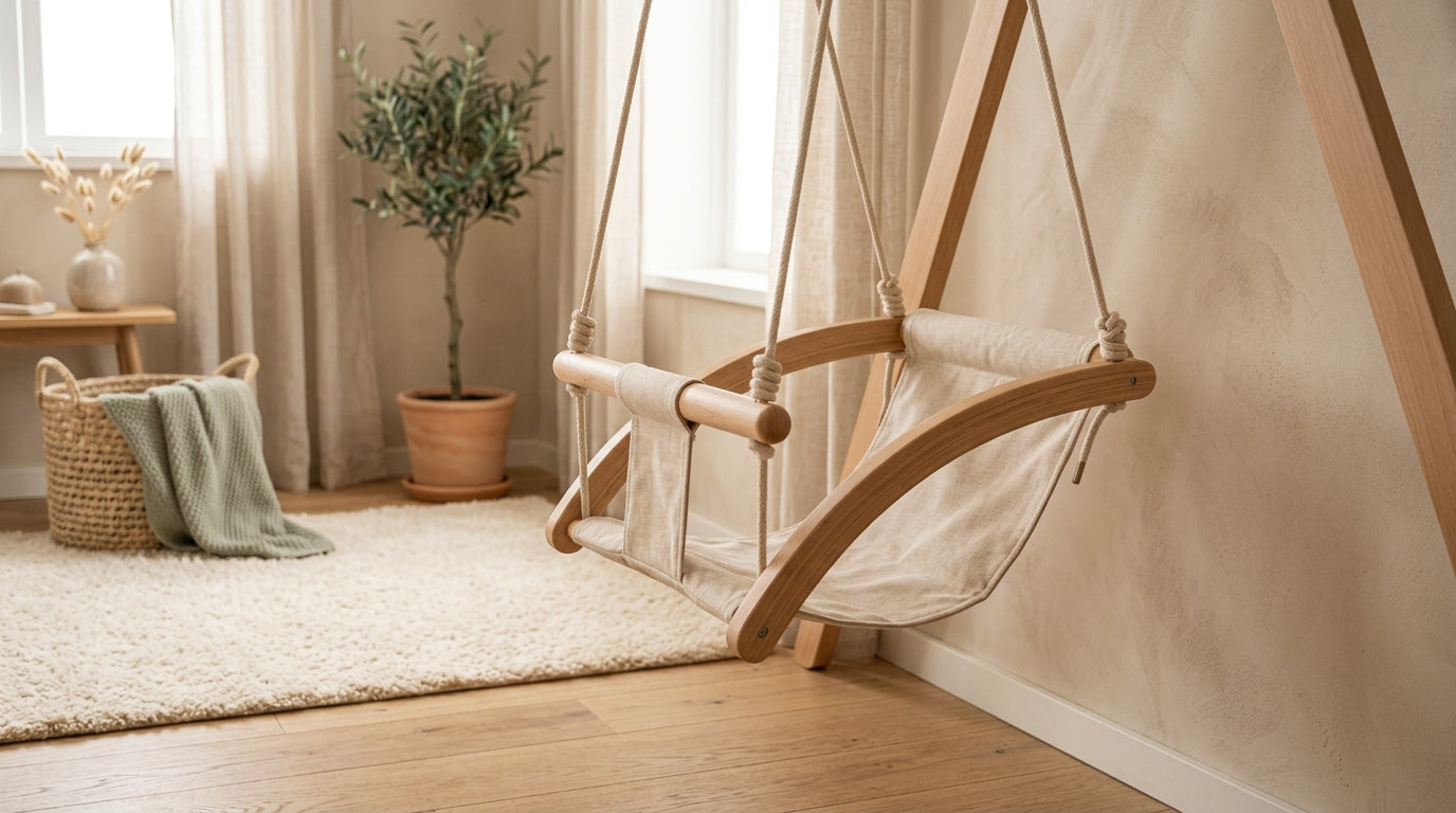 Messy living room with a baby swing chair and a half-empty coffee mug
