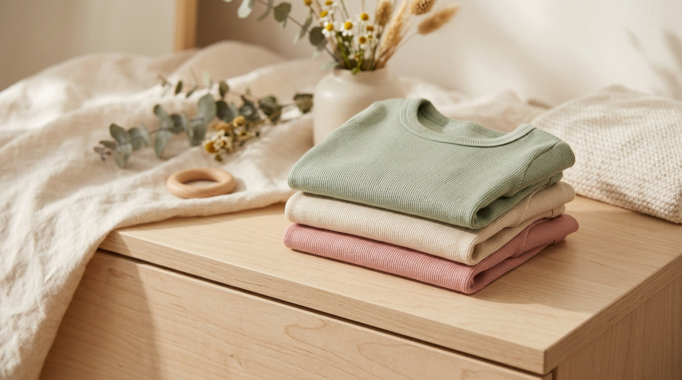 Mom drinking coffee in a fitted shirt while toddler plays on the floor