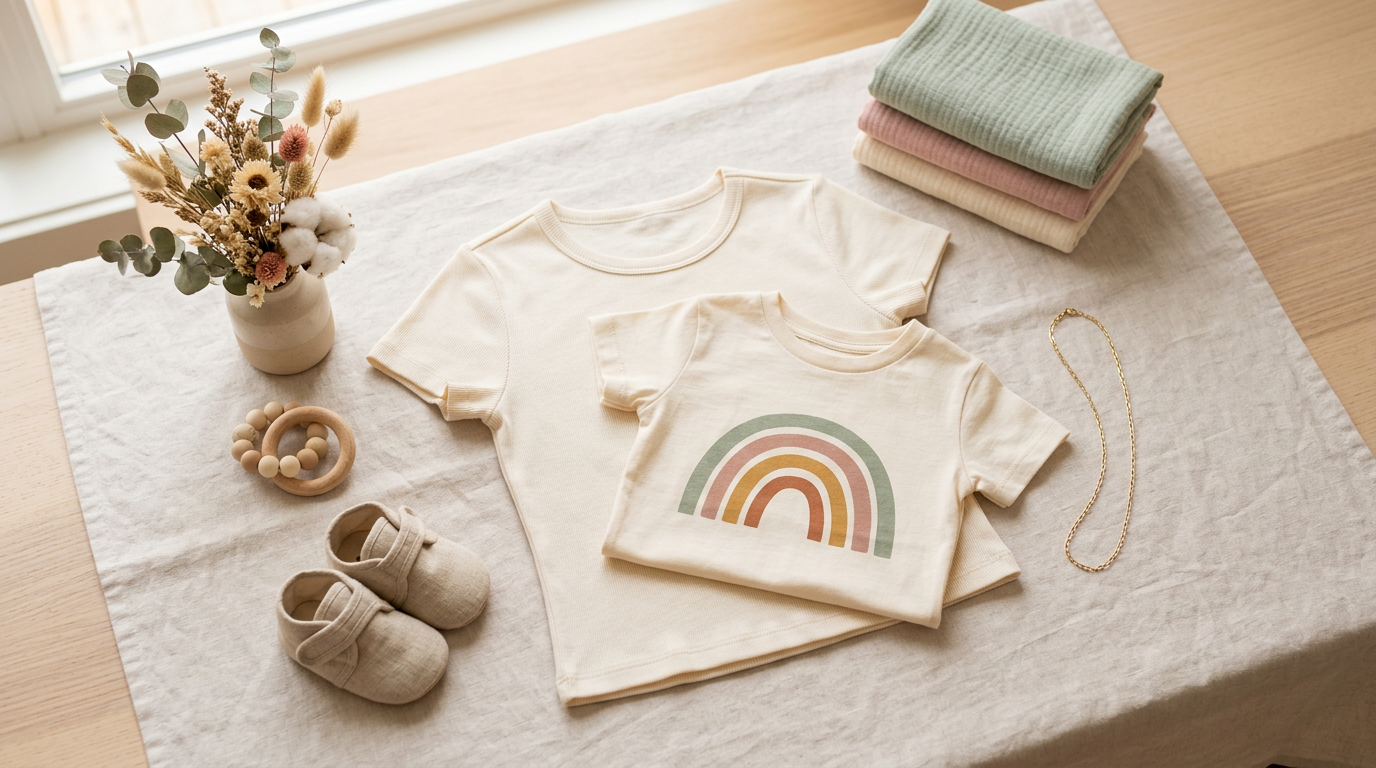 A tired mom holding an iced coffee and wearing a stretchy organic cotton baby tee while chasing a toddler