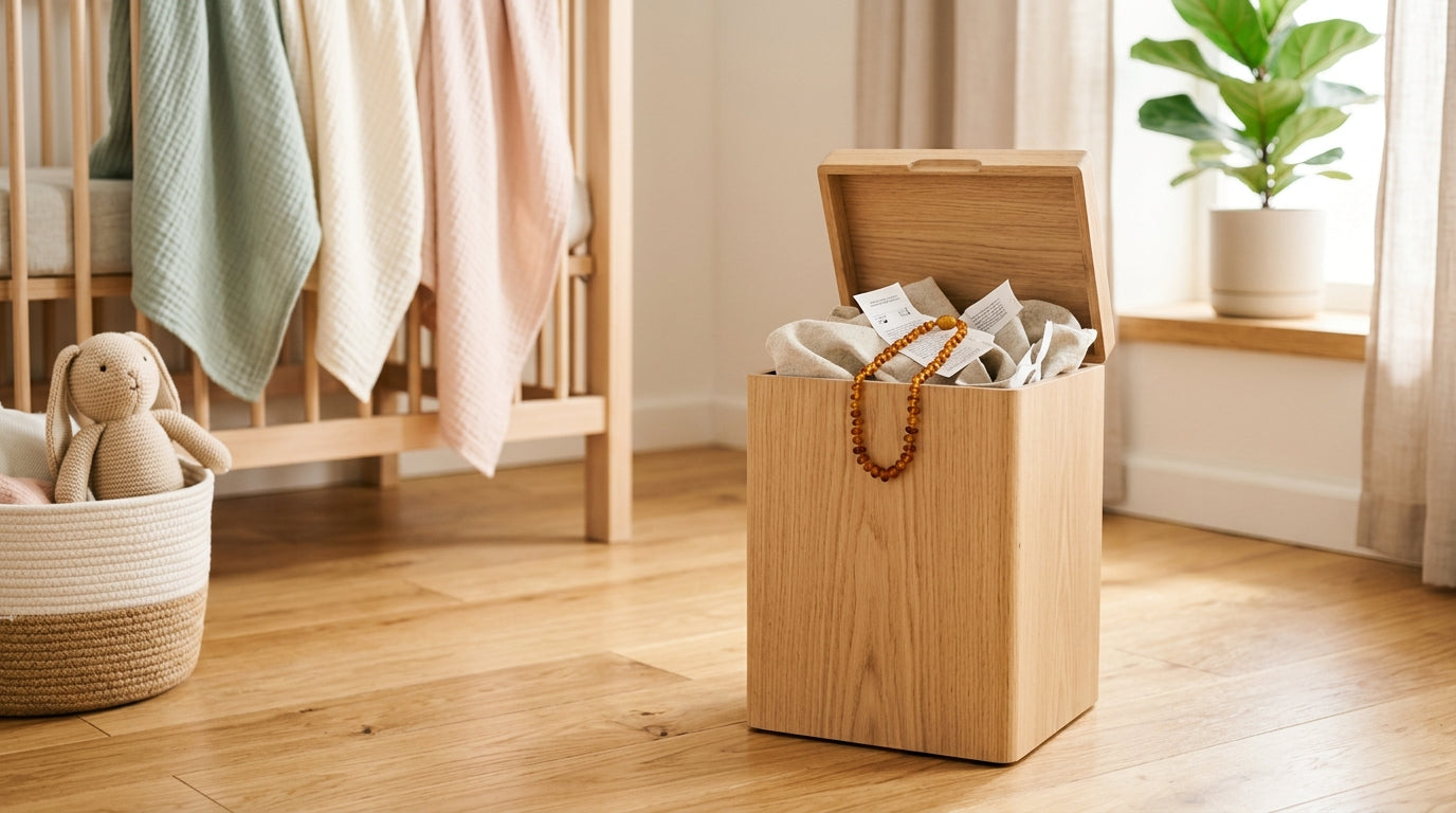 Exhausted mom holding a silicone panda teether and a cold cup of coffee