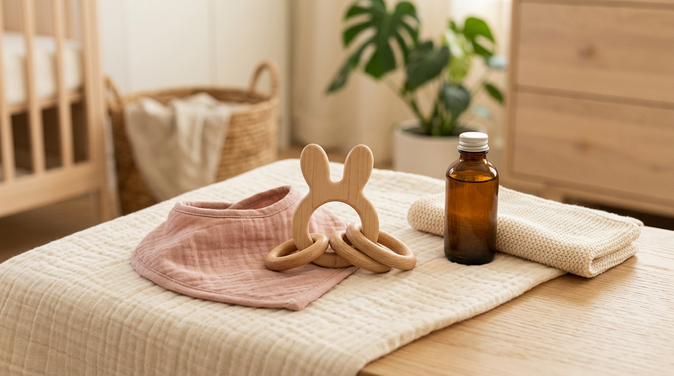 A tired parent holding a teething baby who is chewing on a silicone ring