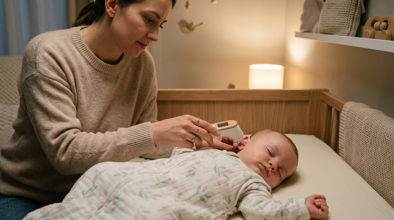 A tired mom sitting on a bathroom floor checking her baby's temperature with a digital thermometer at night.