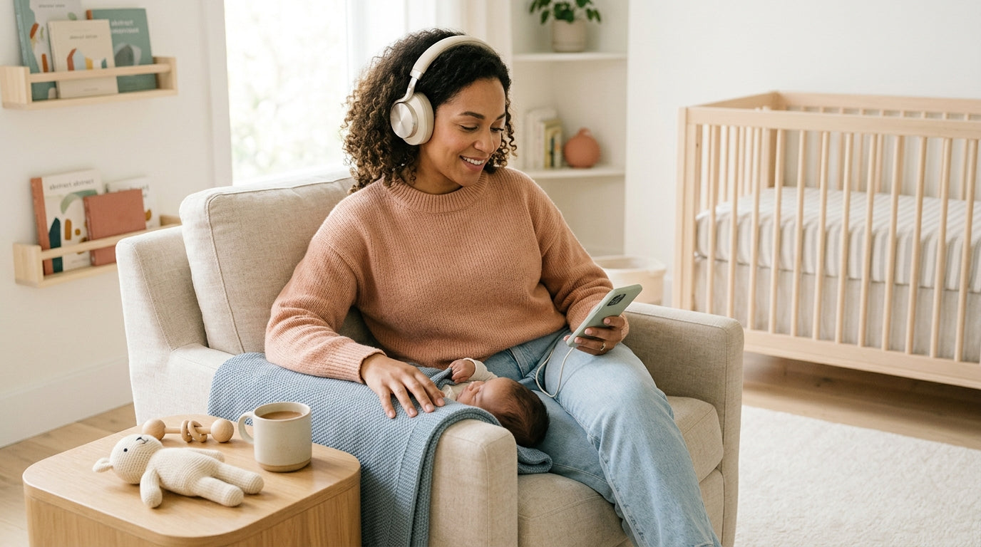 Sarah holding a coffee and wearing a sleeping baby while listening to a podcast