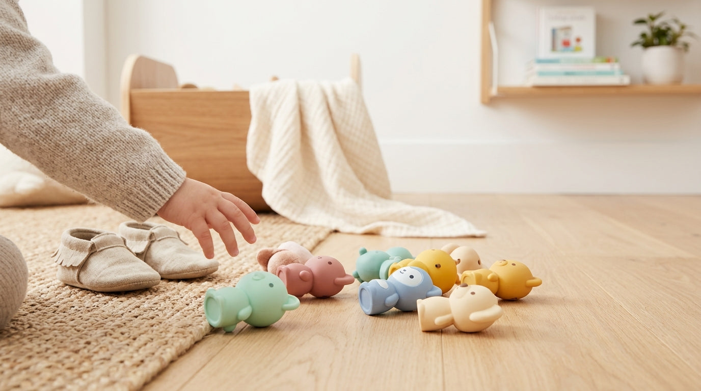 A colorful Baby Three blind box toy sitting dangerously close to a baby's wooden play gym.