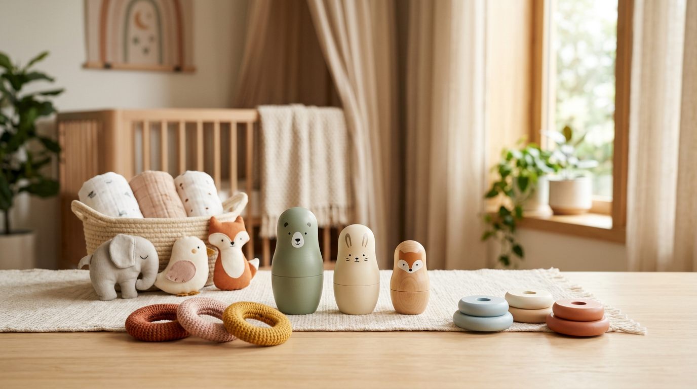 Messy living room floor with safe wooden toys and an organic baby blanket