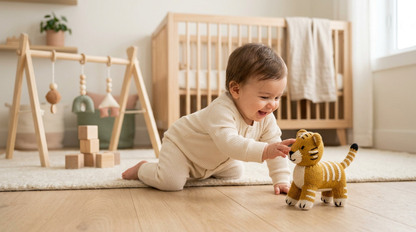 A mom holding a baby surrounded by soft wooden toys on a playmat
