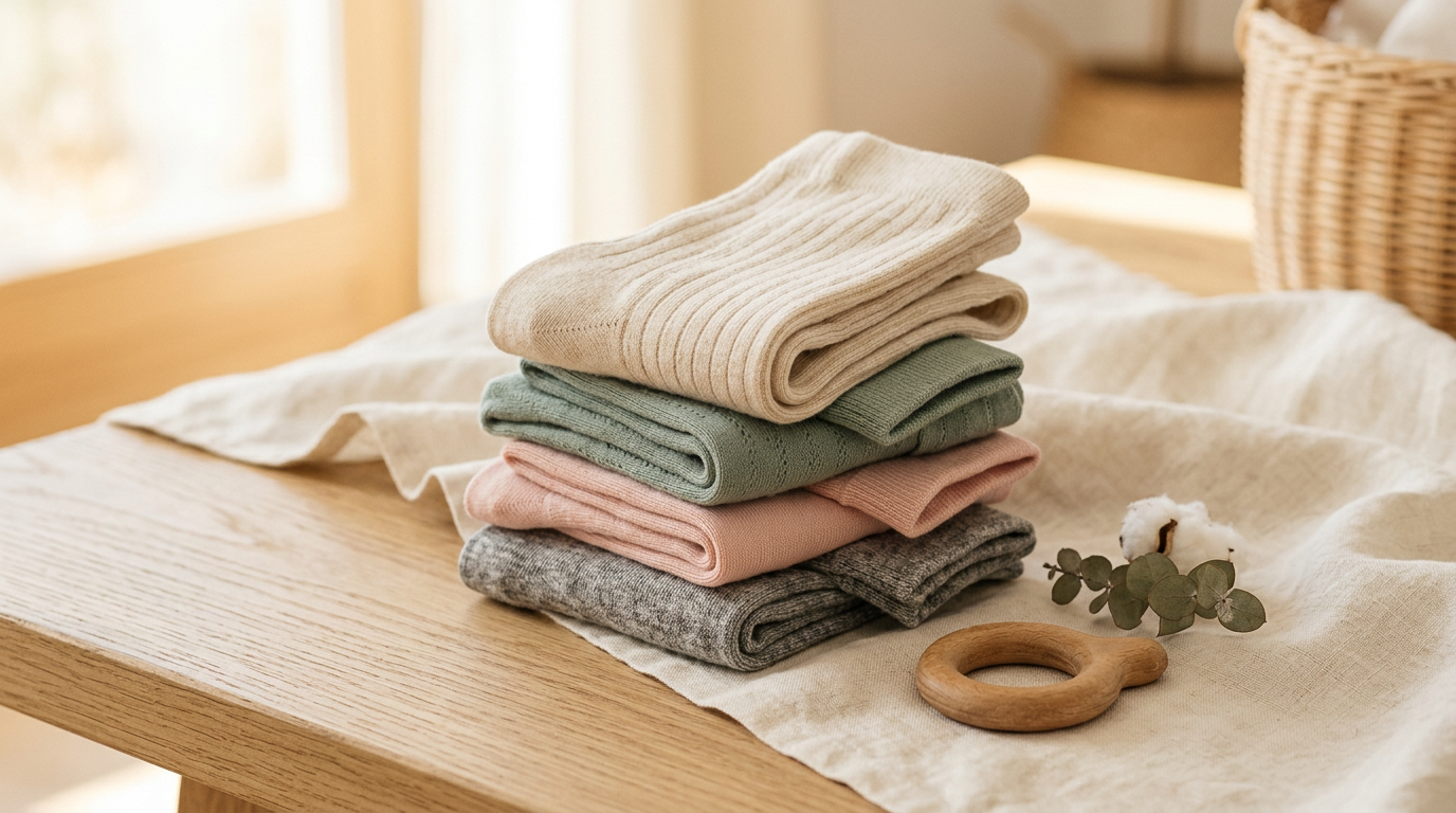 Frustrated mom holding a tiny kicked-off baby sock next to a cold coffee cup