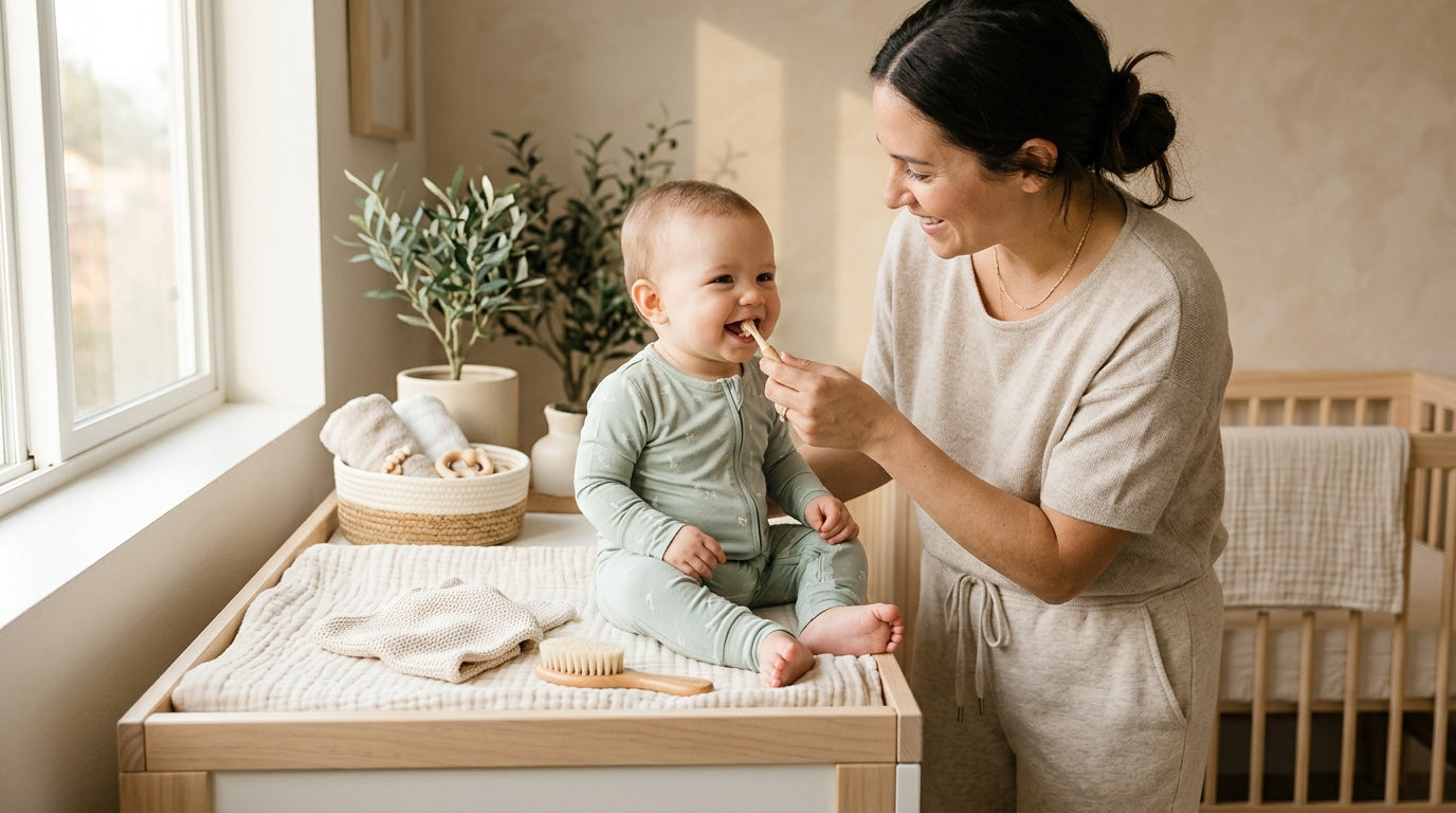 Exhausted mom holding a silicone baby toothbrush while her toddler giggles and runs away.