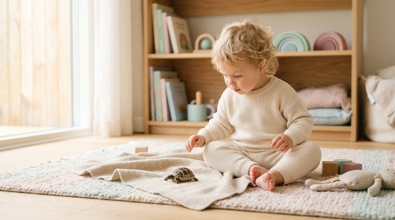A very small tortoise sitting stubbornly under a heat lamp in a wooden enclosure