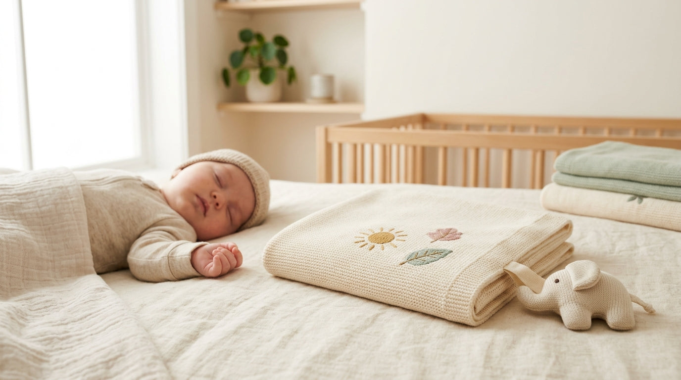 Baby sleeping safely with a breathable organic cotton toy blanket