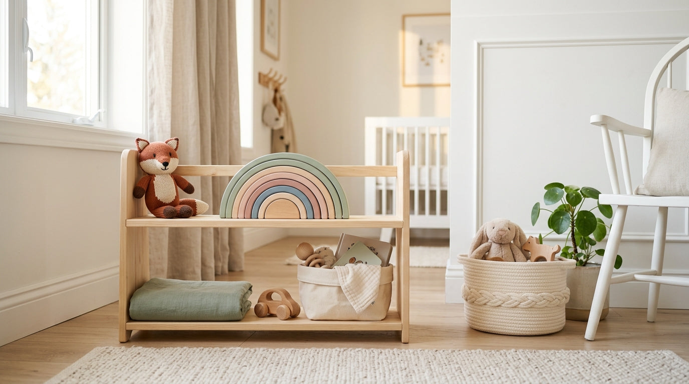 Tired dad sitting on floor holding a flashing plastic toy and a simple wooden ring
