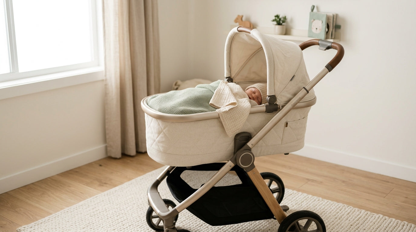 Dad looking confused at a complicated modern travel system in the rain