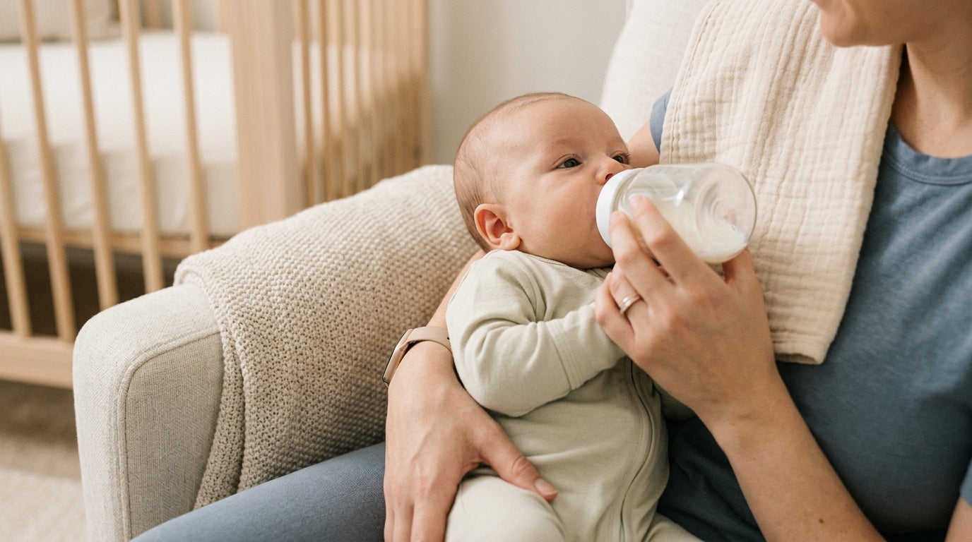Exhausted dad staring at his glowing phone in a dark nursery at 3AM.