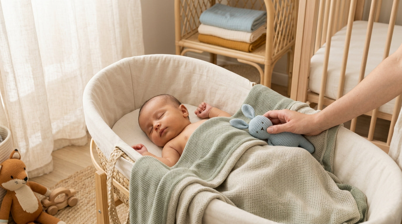 A confused dad holding a blue eco-friendly baby blanket while inspecting his baby's skin color