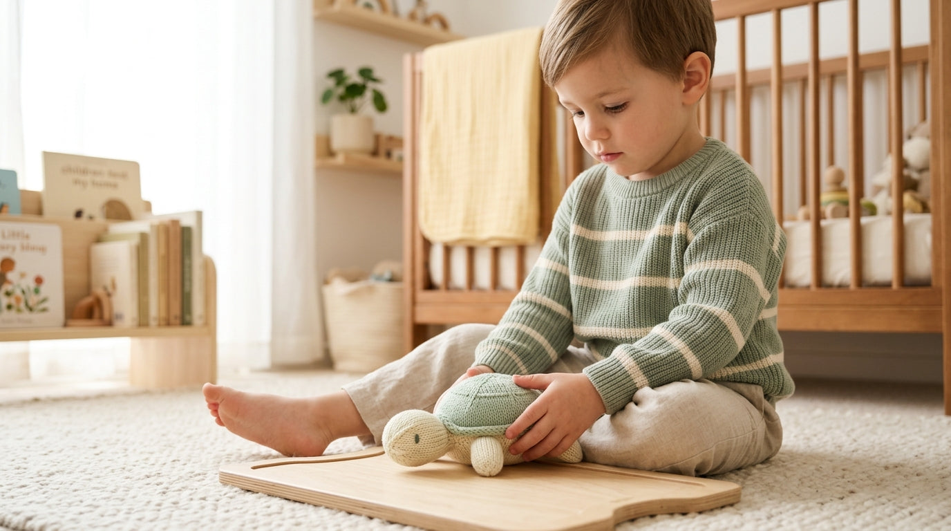 A small green baby turtle resting on a wet rock under a UV heat lamp