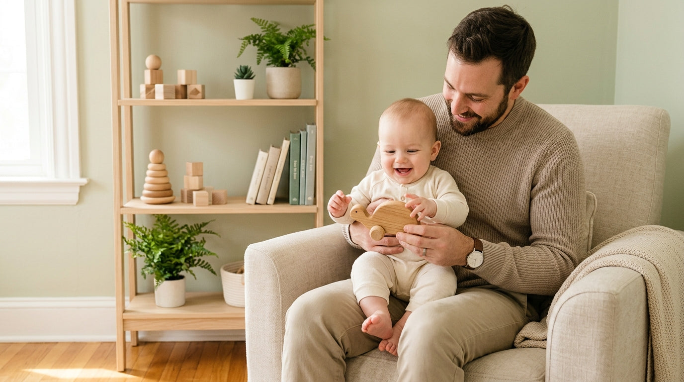 A dad looking stressed on his laptop while researching baby turtle habitats with his 11-month-old.
