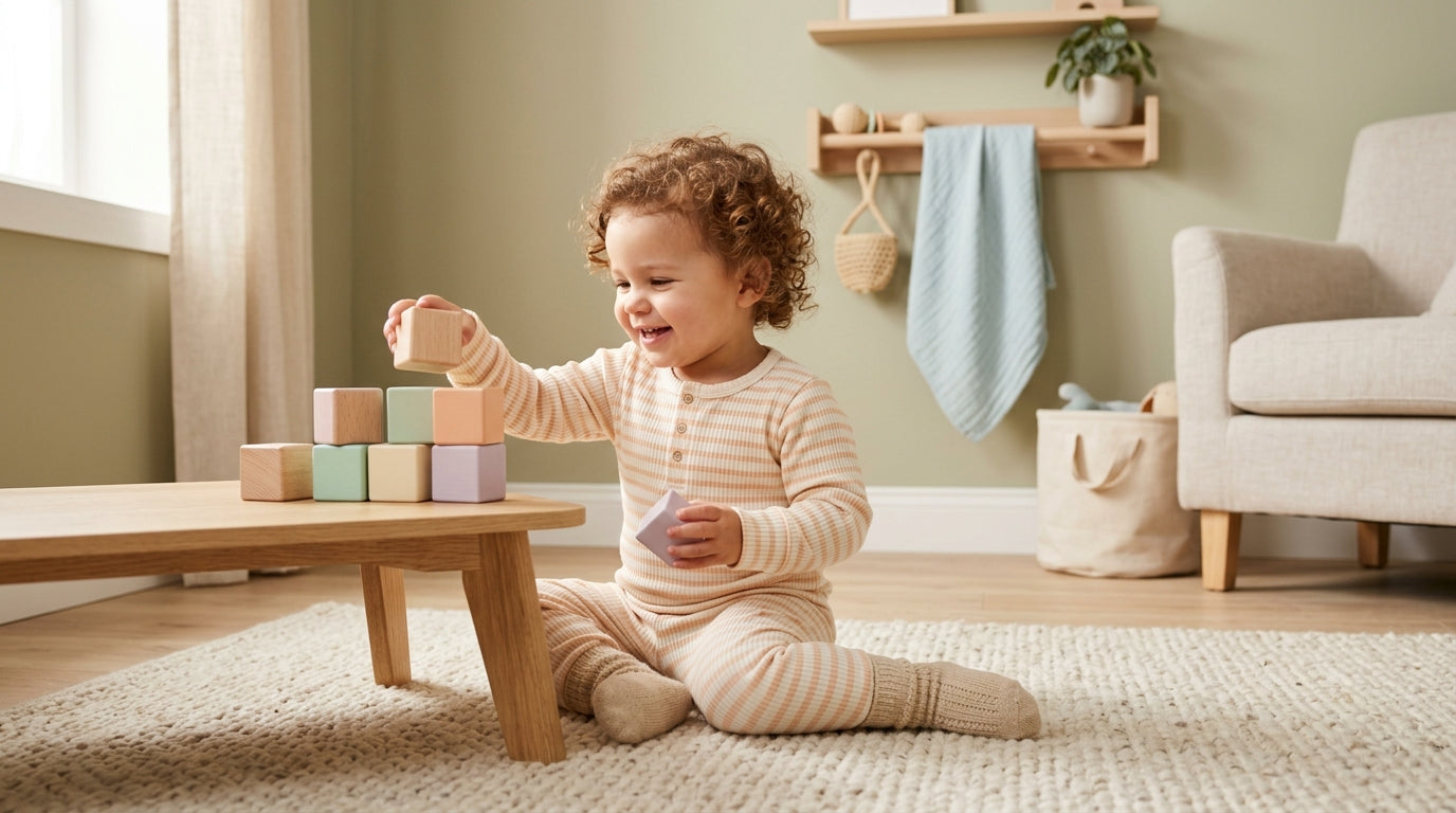 Frustrated mom sitting on the floor while her toddler throws a tantrum.