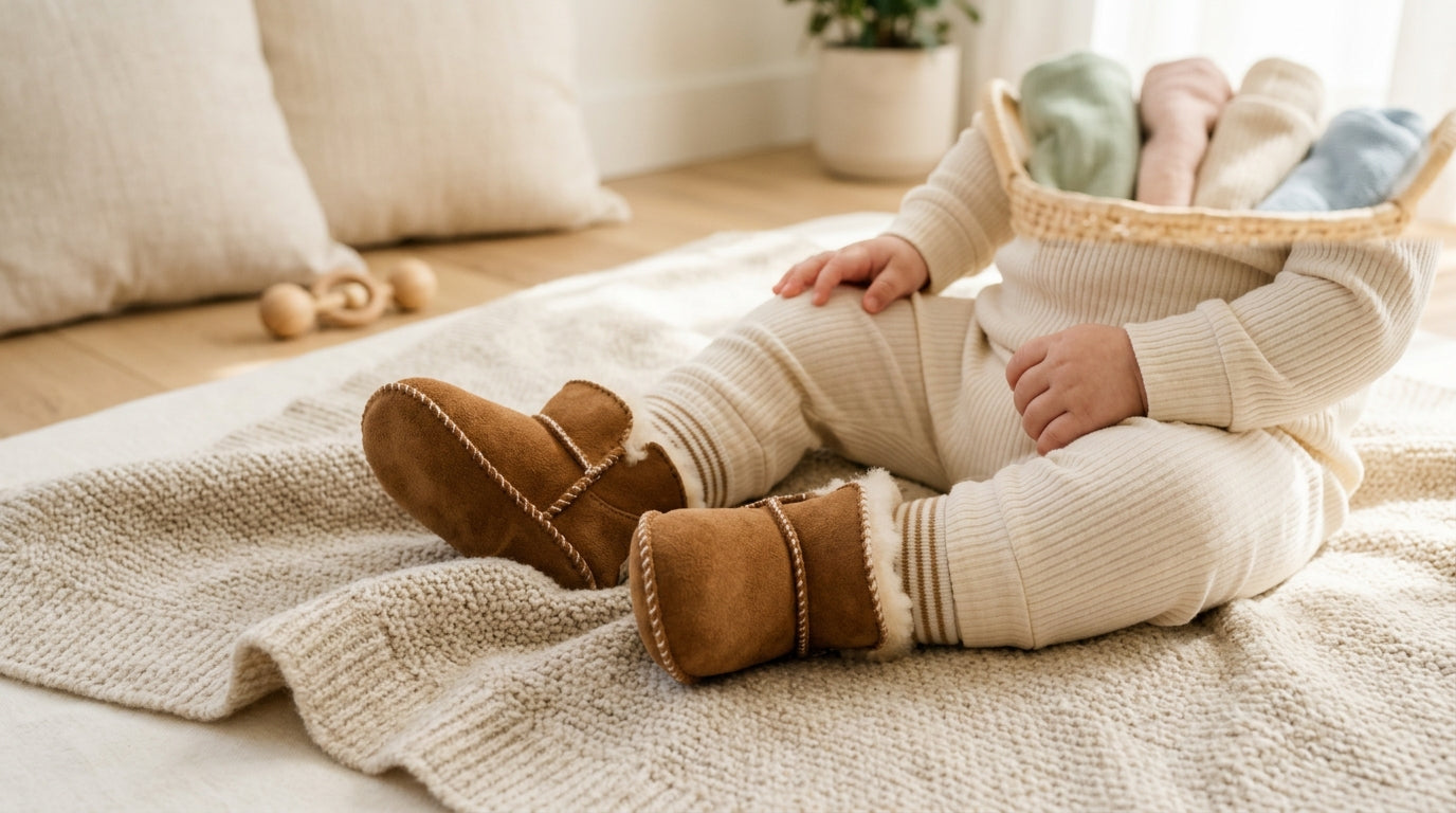 Maya wearing oversized baby ugg boots while sitting on a rug