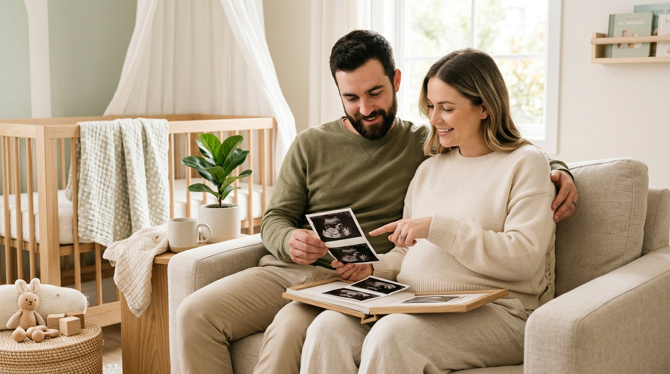 Nervous dad looking at a blurry 2D infant sonogram screen in a dark clinic room