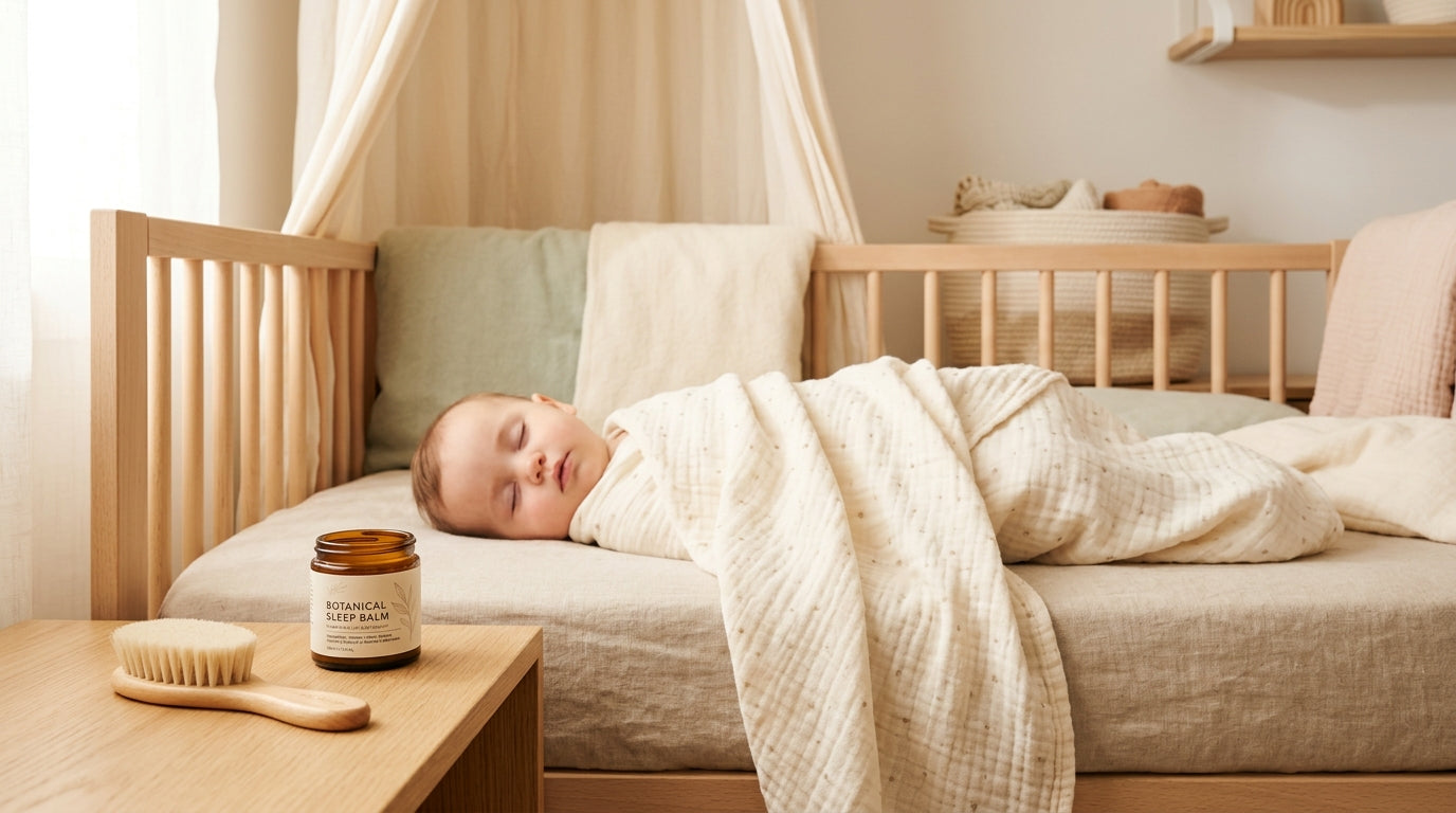 Exhausted mom holding a congested baby in a dimly lit nursery at night