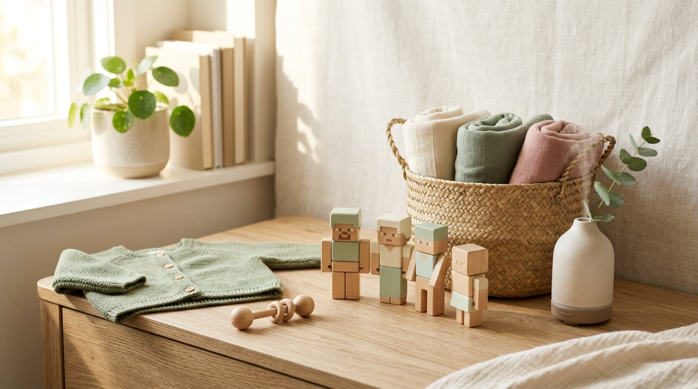 A dad holding his 11-month-old baby while looking at a Minecraft village on a computer screen.