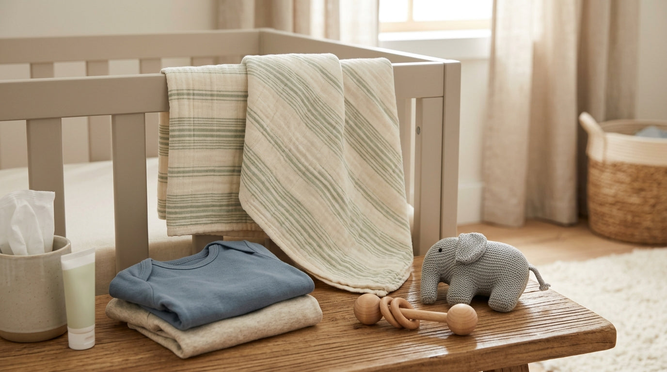 An exhausted dad holding a towel while a baby looks suspicious