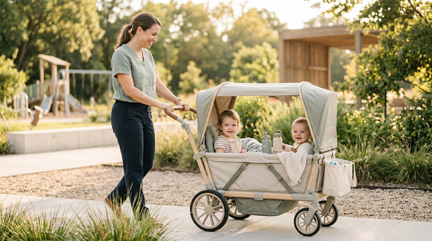 Toddler sitting safely in a dark grey stroller wagon with a five-point harness on a Chicago sidewalk