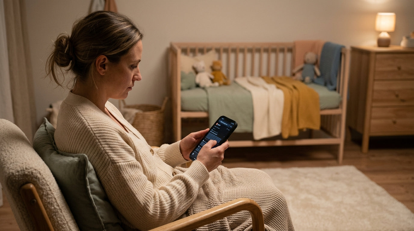A very tired mom drinking cold coffee and scrolling her phone in the dark looking for parenting advice.