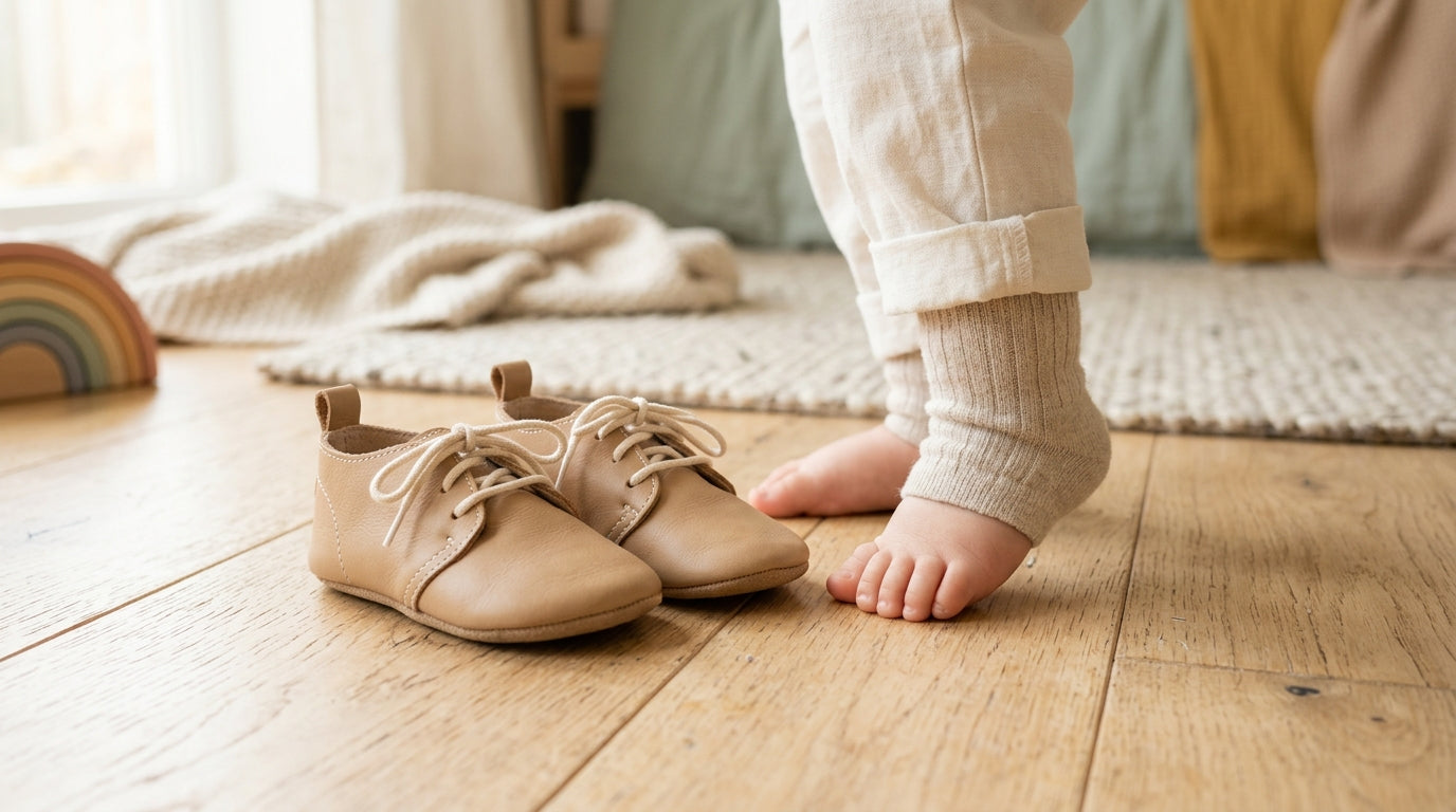 A toddler taking their first shaky steps barefoot on a living room rug.
