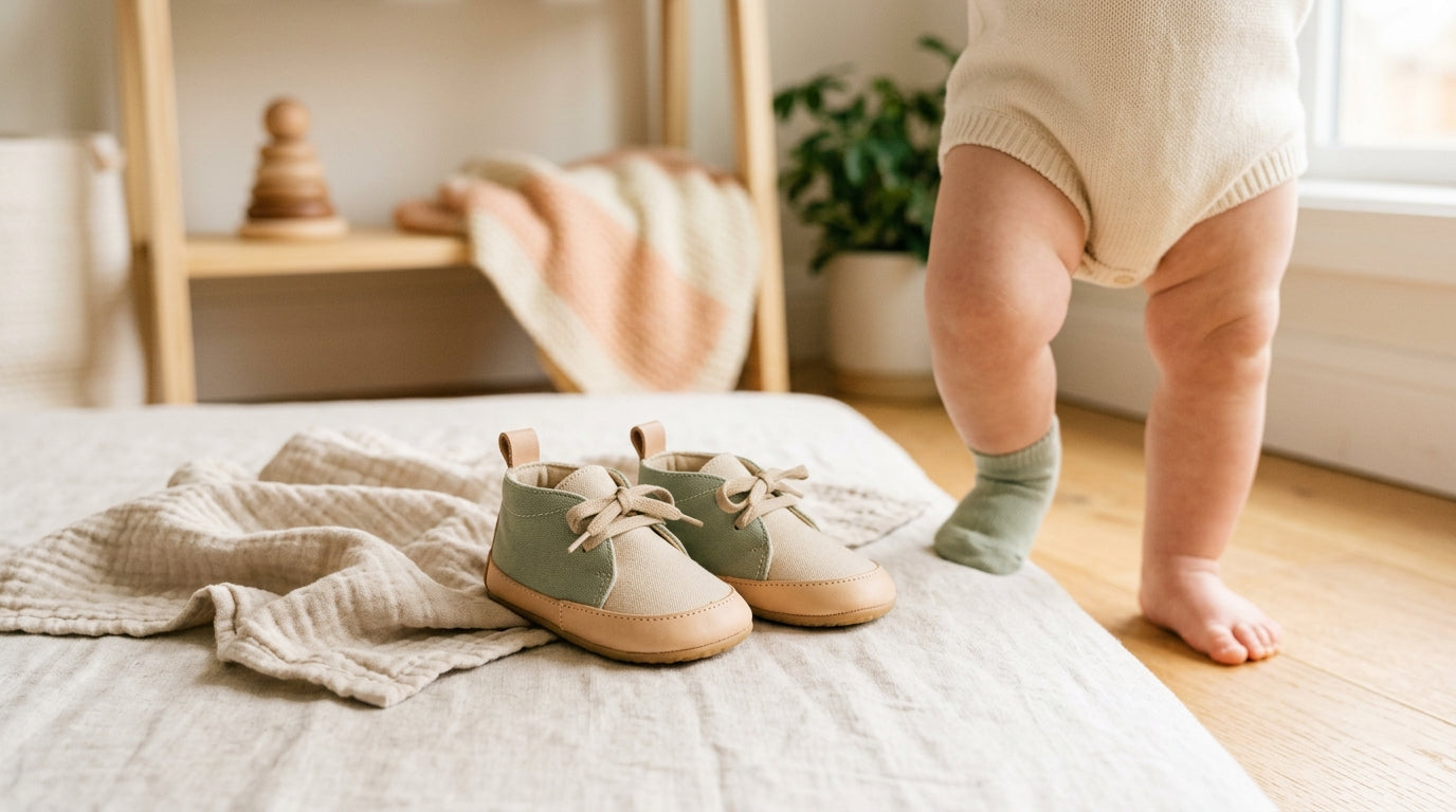 A barefoot baby pulling to stand next to a pair of flexible first walker shoes.