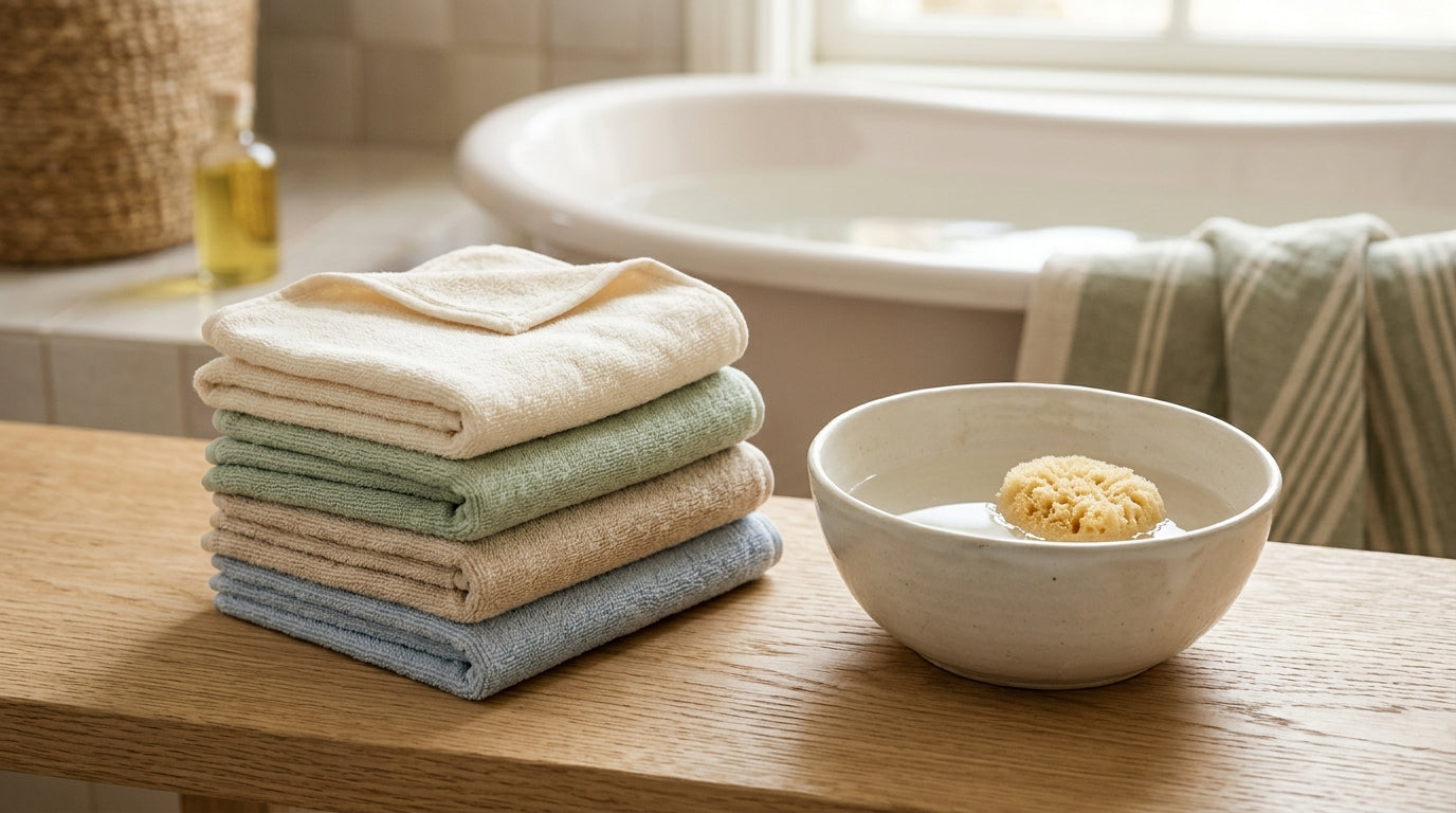 A folded pile of soft muslin baby washcloths sitting next to a baby bathtub