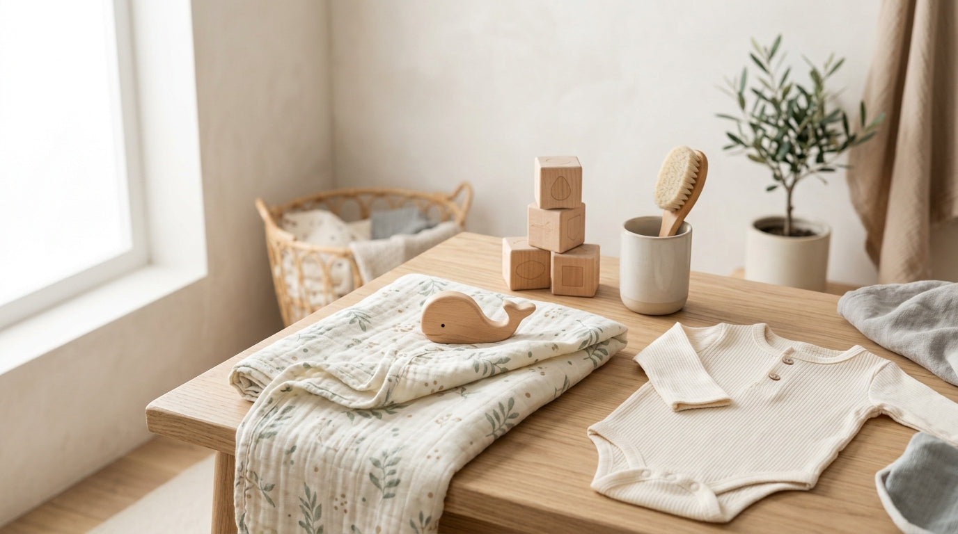 Exhausted mother drinking coffee while holding a baby wrapped in a gray blanket.