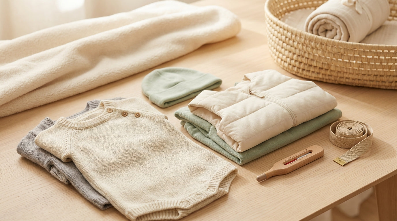 A dad holding an 11-month-old baby dressed in layered organic winter clothes.