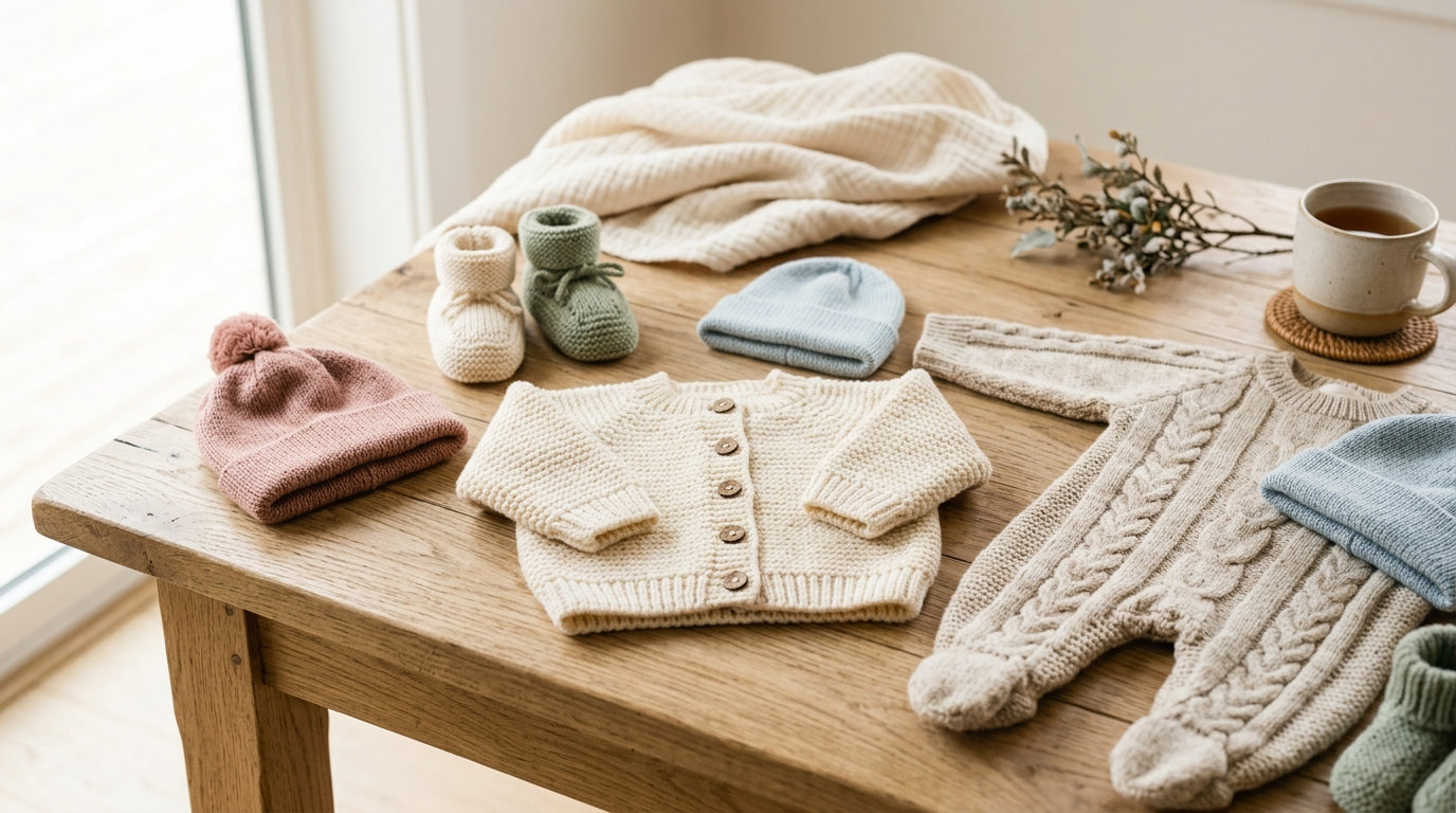 Baby wearing a thin organic cotton sweater over a base layer in a car seat