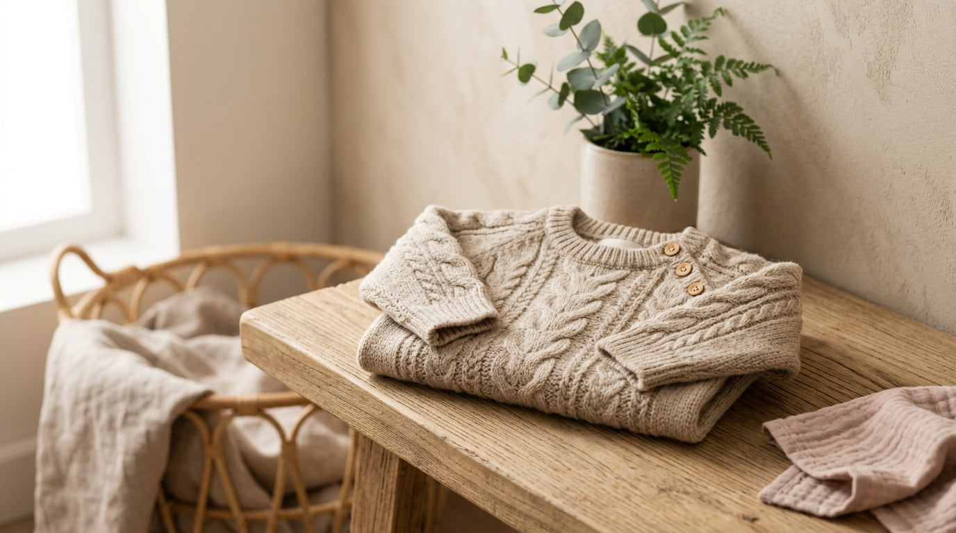 A frustrated mother trying to pull a knit sweater over an infant's head