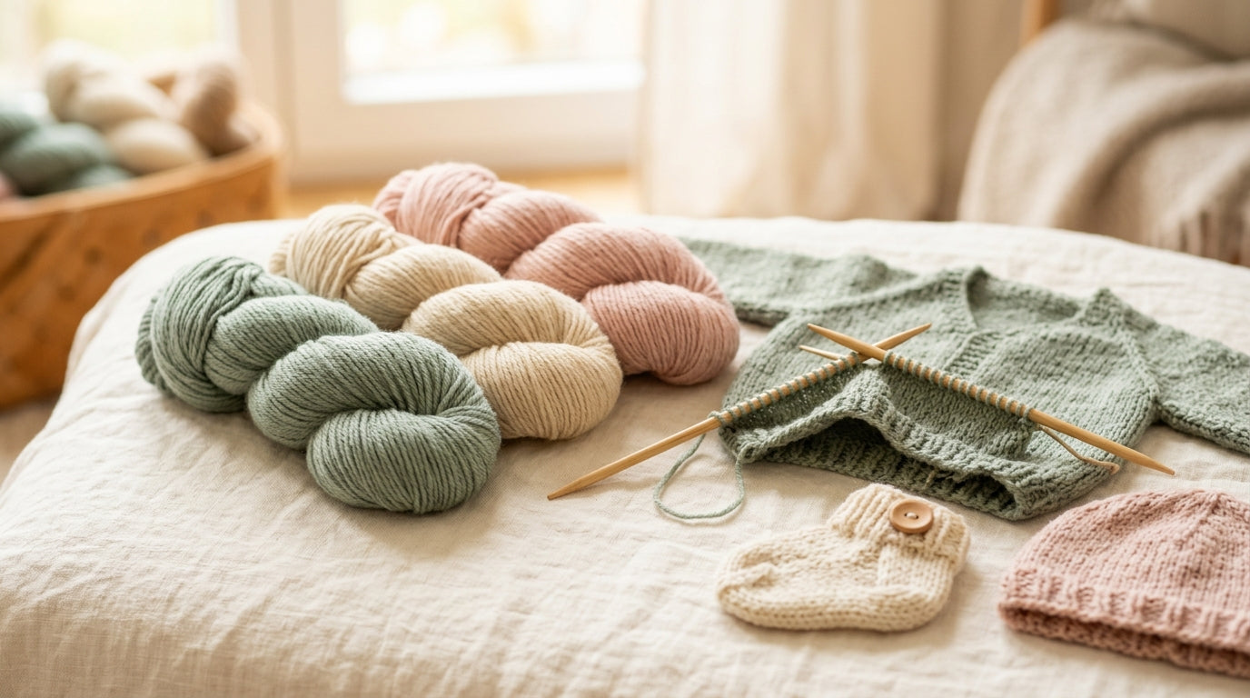Priya inspecting leftover baby yarn batches on a wooden table