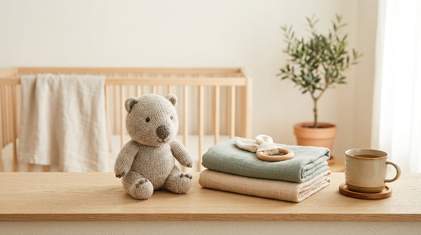 Toddler watching a video of a baby wombat while wearing an organic cotton bodysuit