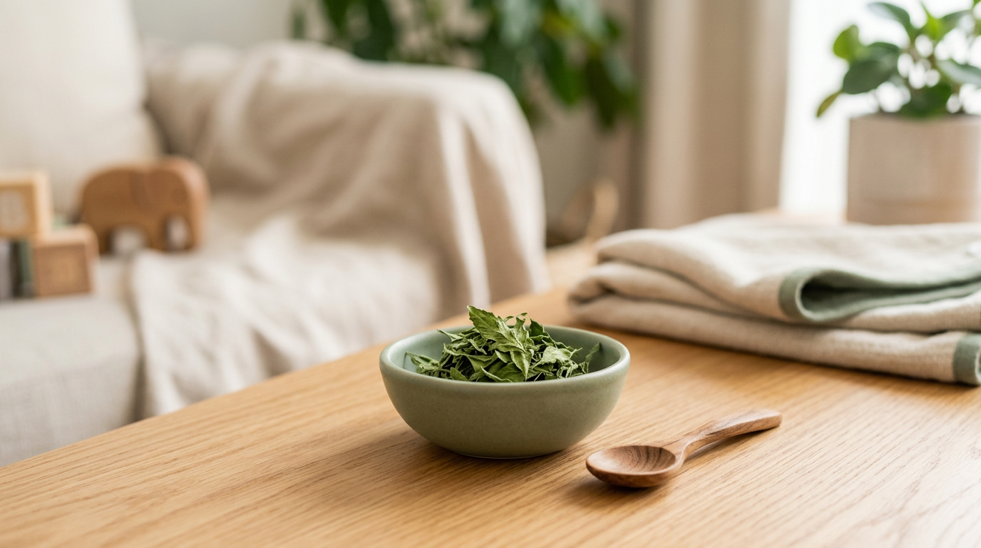 Mom holding a coffee cup looking shocked at her smartphone screen in a messy living room.
