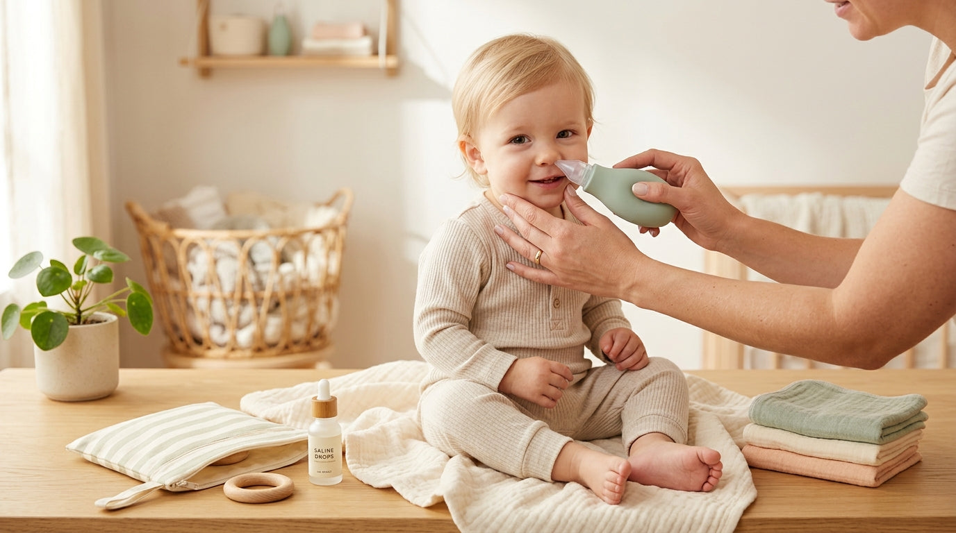 A frustrated mom looking at her toddler who just shoved a green pea up their nose during dinner.