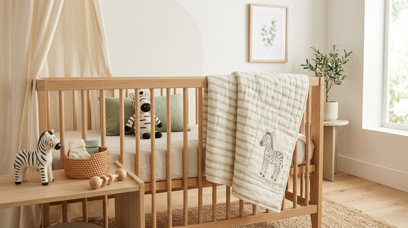 Black and white striped safari toys and organic cotton blankets in a crib