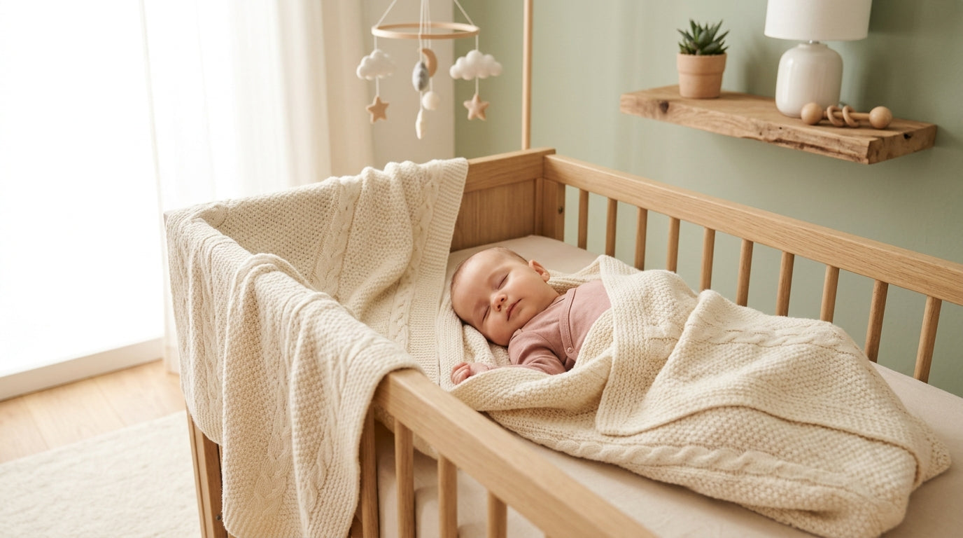 Messy pile of baby blankets with one premium merino wool blanket on top