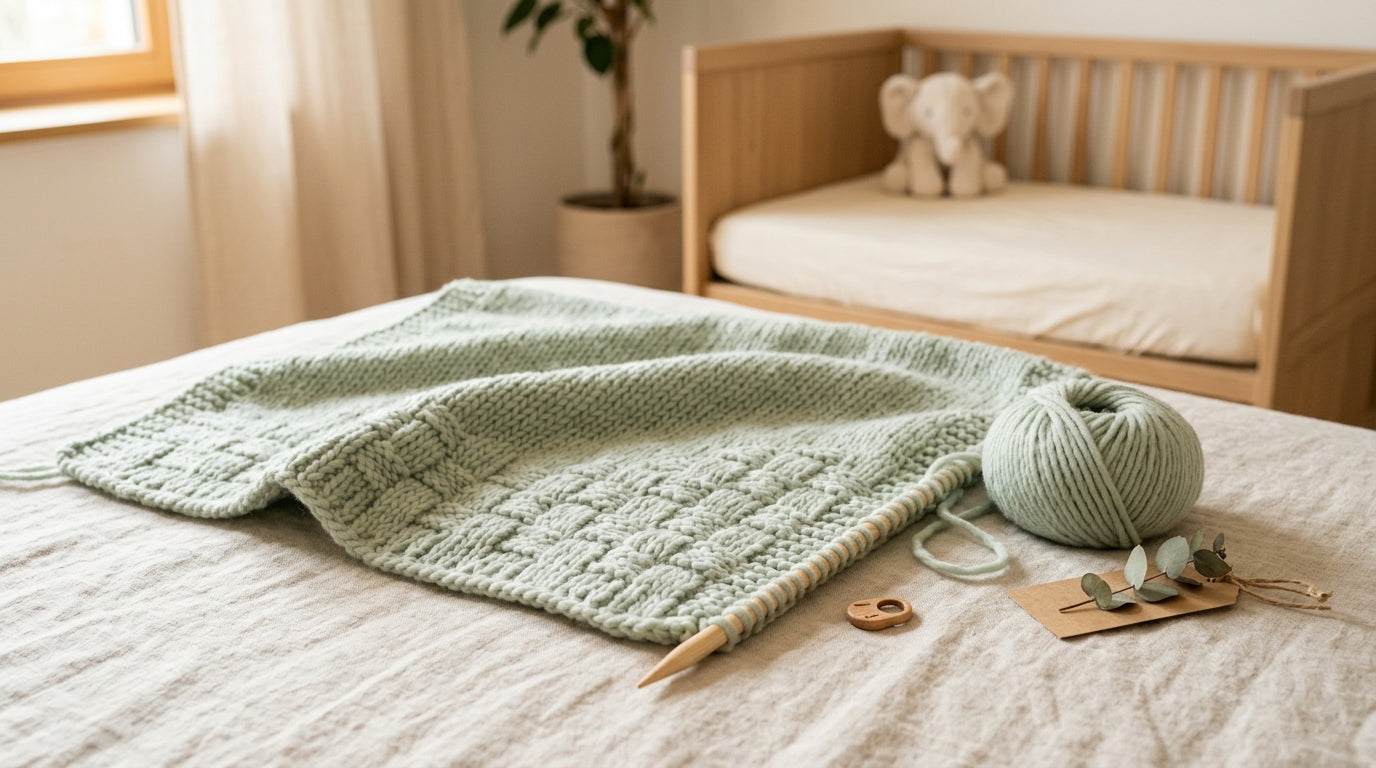 A dad looking confused while holding knitting needles and tangled merino wool.