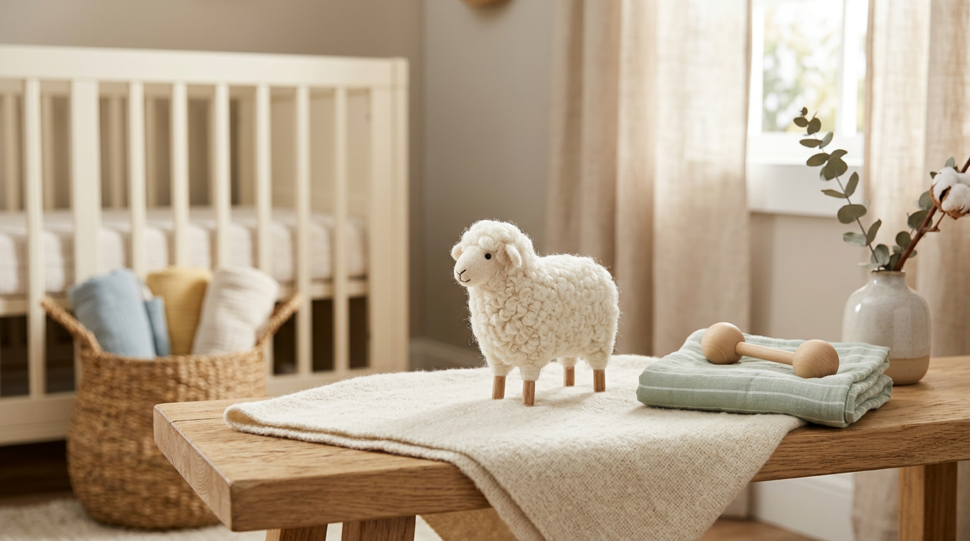 A fluffy miniature babydoll sheep standing in a green pasture