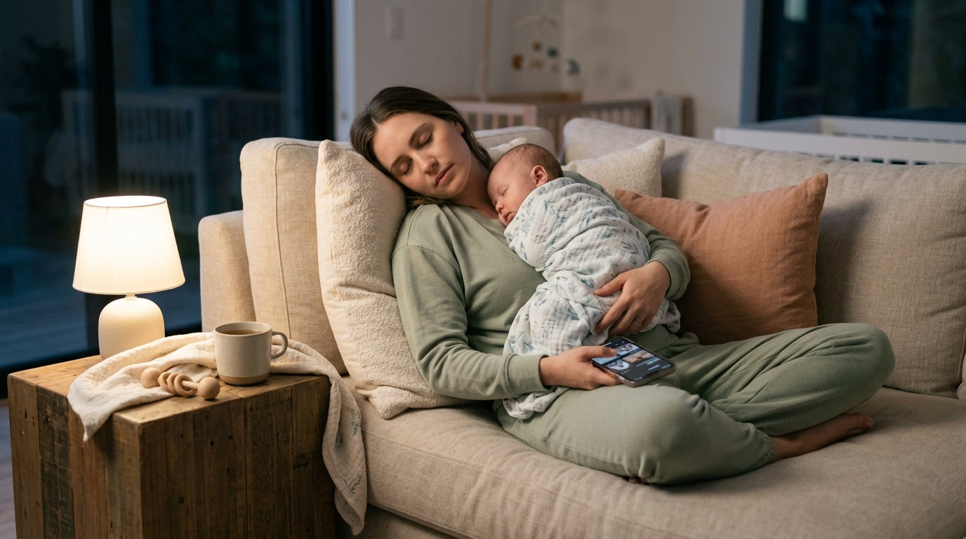 Tired mother looking at a glowing television screen in the dark