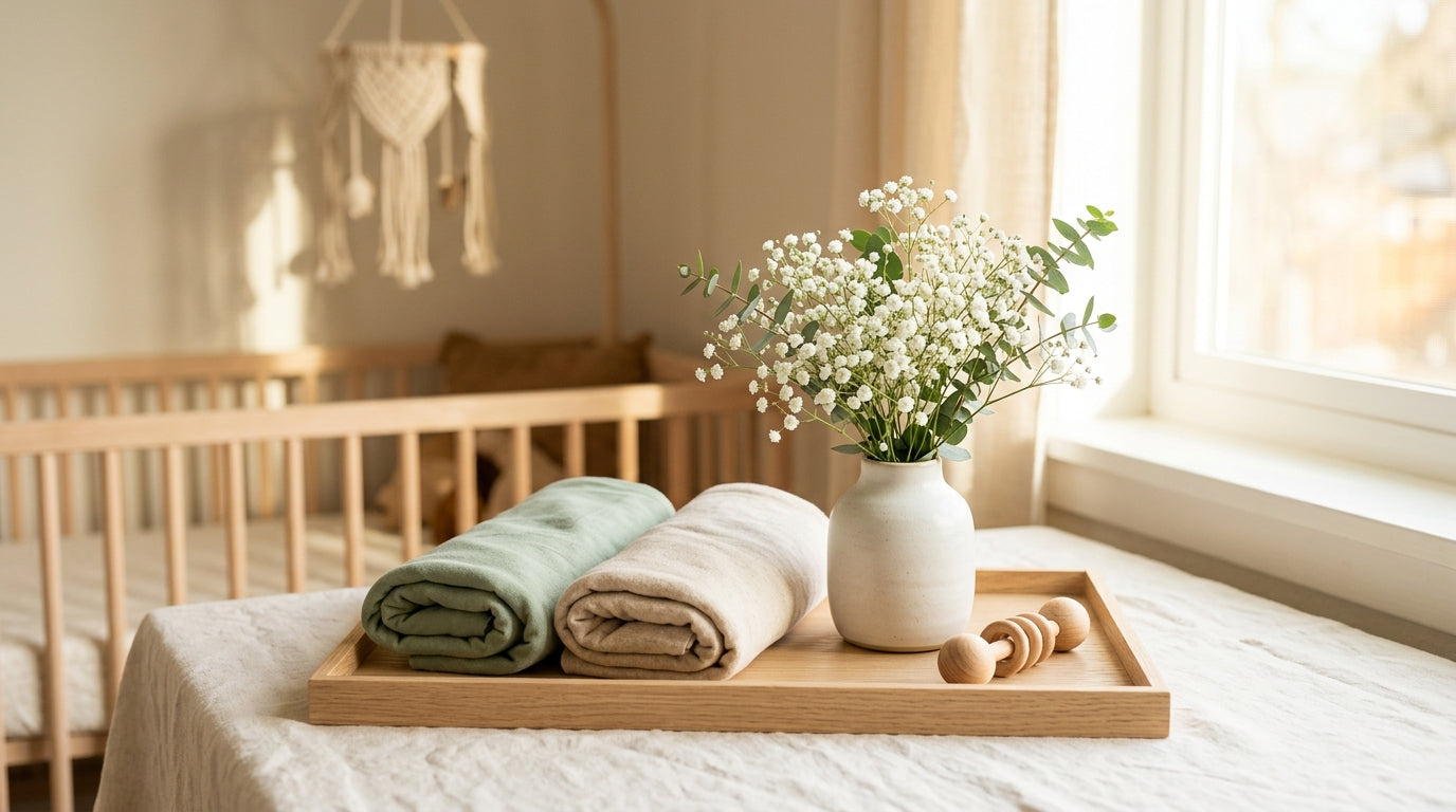 Mom holding a floral baby blanket instead of real baby breath flowers