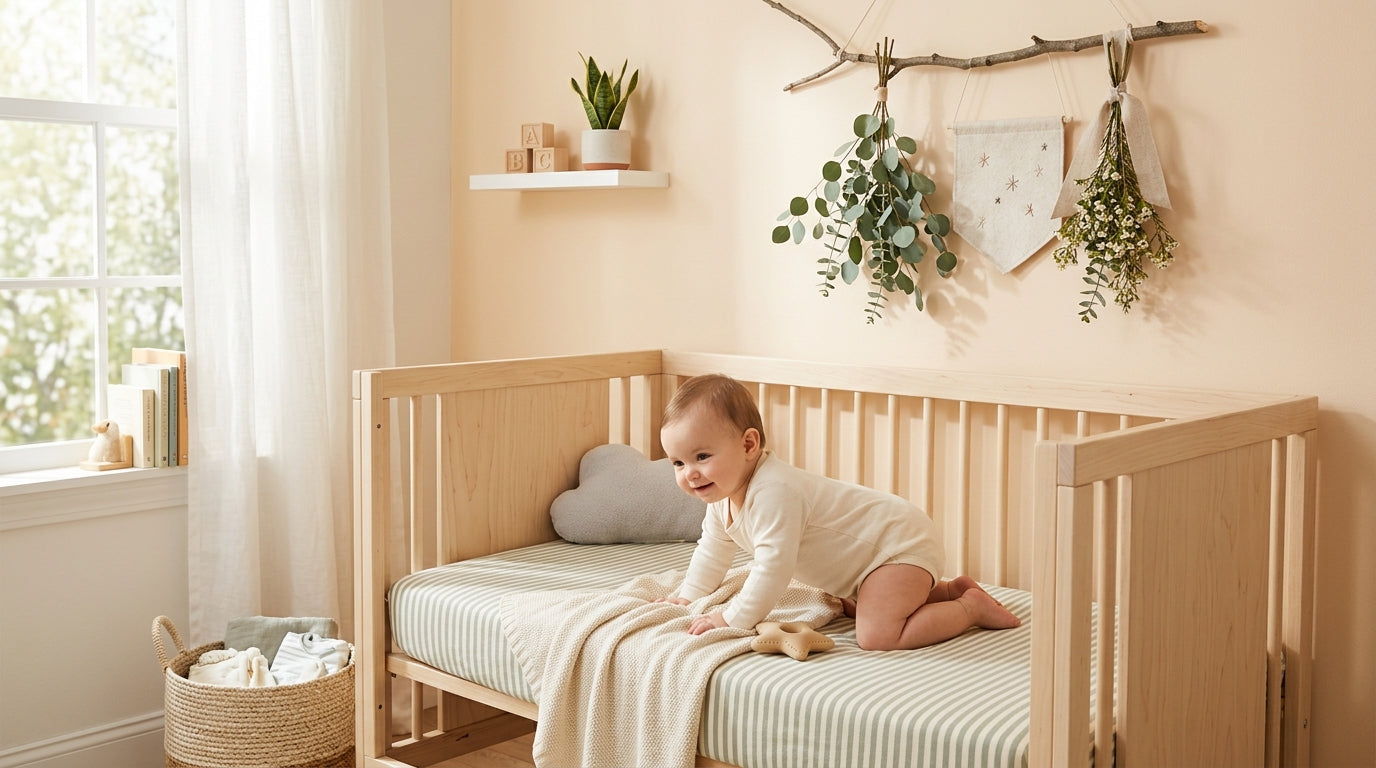 A frustrated dad looking at a white floral crown in a nursery
